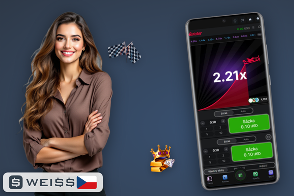 Aviator game ve Weiss Casinu: křivka multiplikátoru nad 2,00x a sázka v USDT